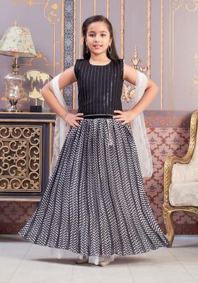 Black Embellished Silk Lehenga Set For Girls