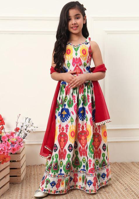 White Printed Net Lehenga Set For Girls — view on Indya