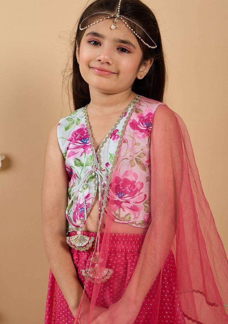 Red Printed Organza Lehenga Set For Girls - Indya