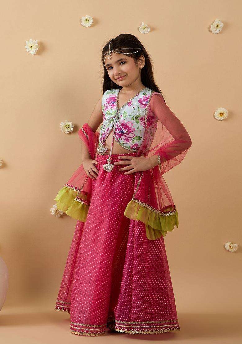 Red Printed Organza Lehenga Set For Girls - Indya