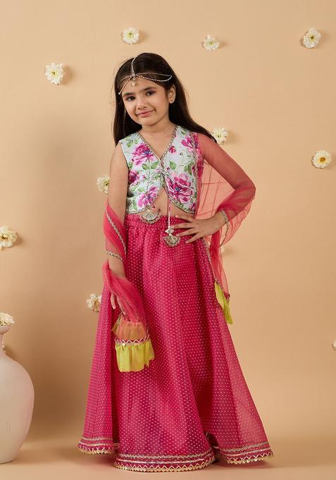 Red Printed Organza Lehenga Set For Girls — view on Indya