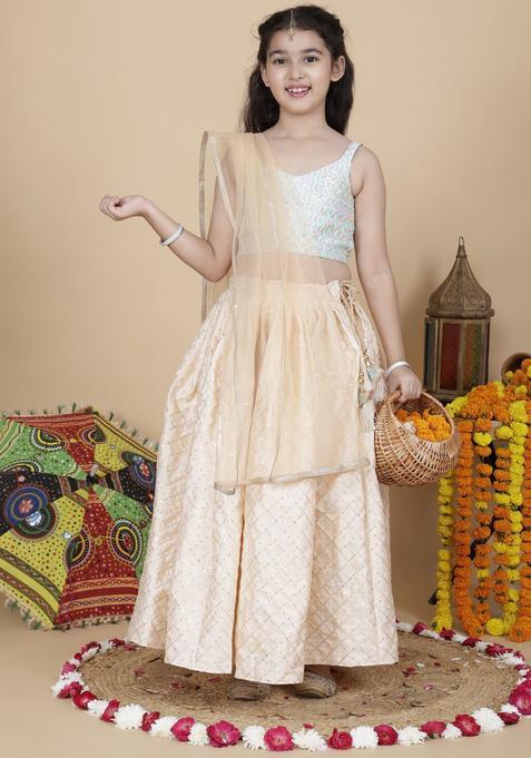 Beige Embellished Silk Lehenga Set For Girls — view on Indya