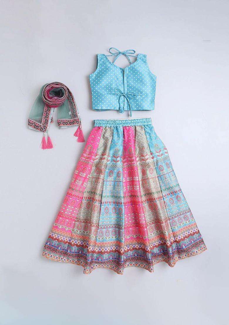 Pink Printed Silk Lehenga Set For Girls - Indya