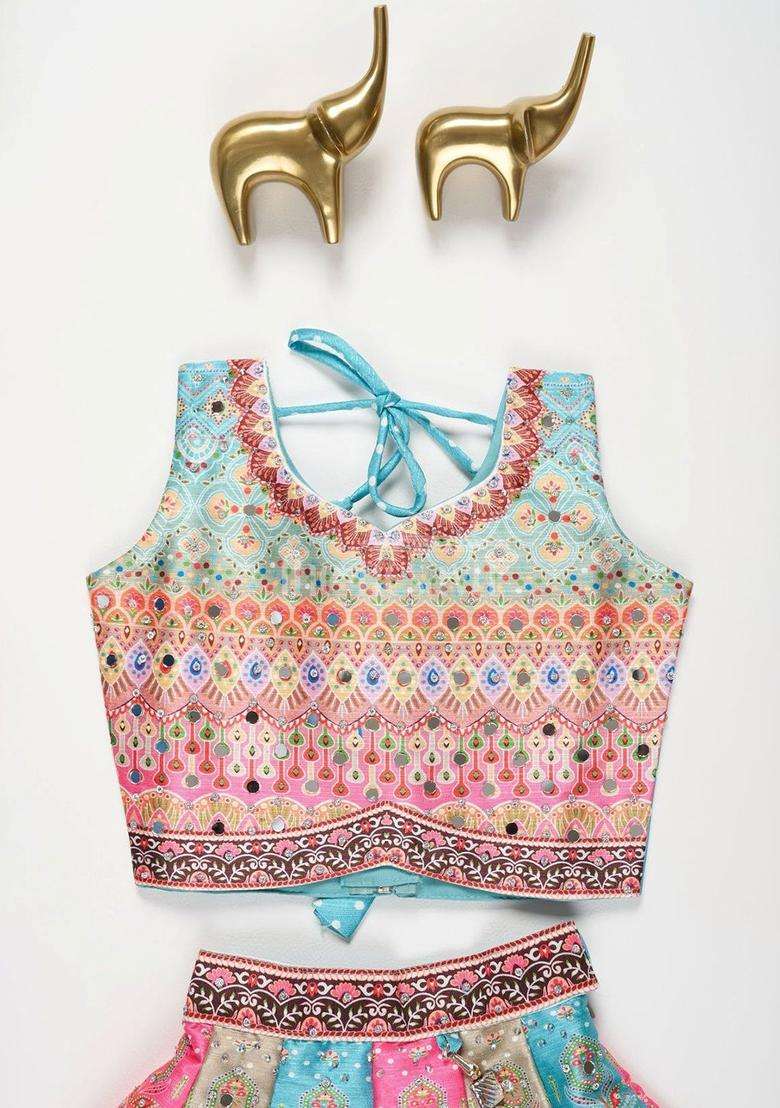 Pink Printed Silk Lehenga Set For Girls - Indya