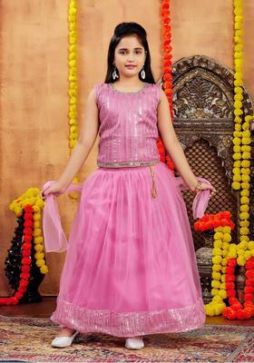Pink Embellished Net Lehenga Set For Girls