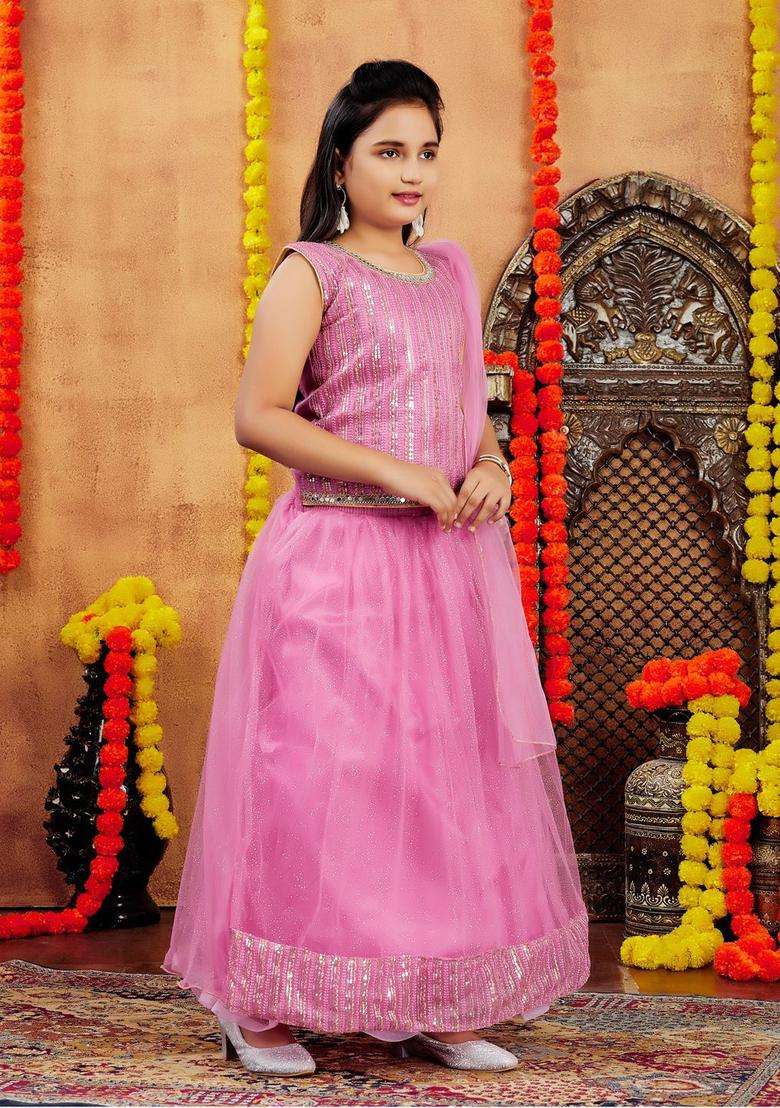 Pink Embellished Net Lehenga Set For Girls - Indya