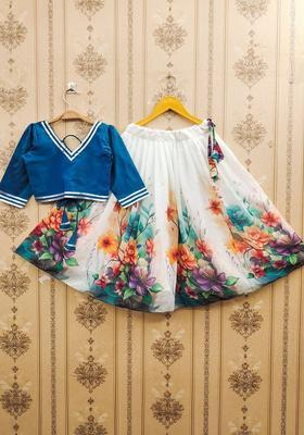 Blue Embellished Silk Lehenga Set For Girls