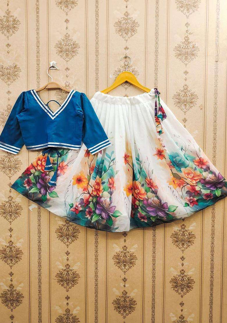 Blue Embellished Silk Lehenga Set For Girls - Indya