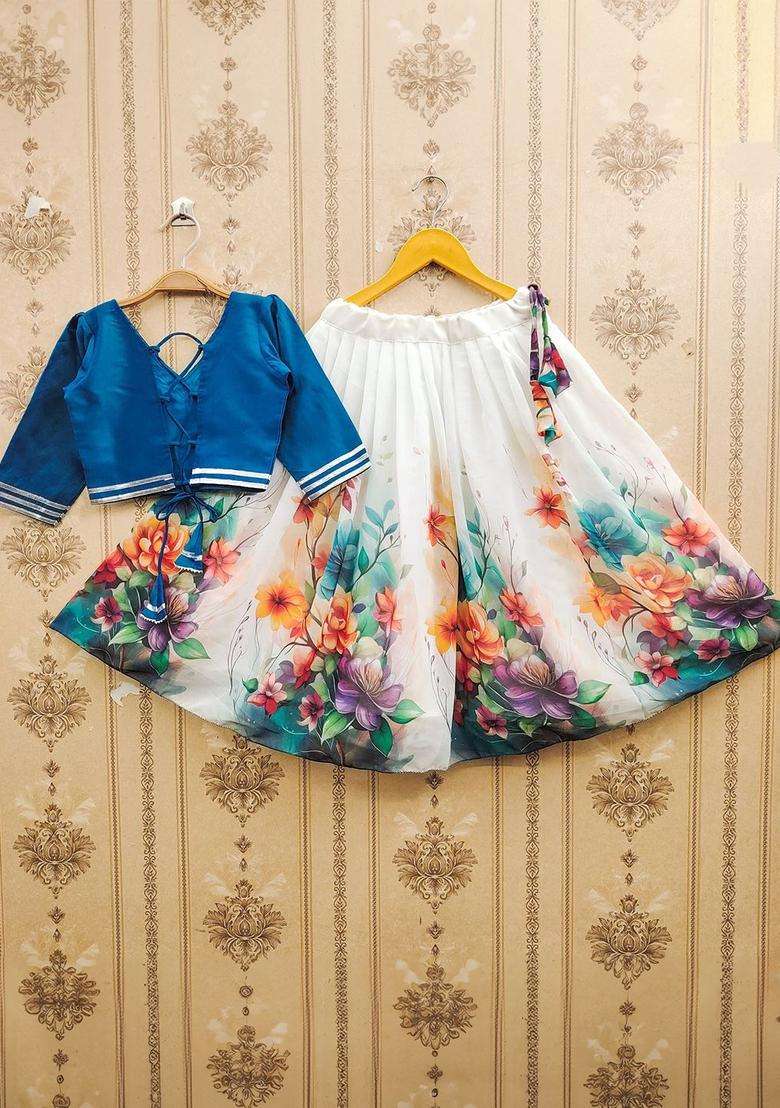 Blue Embellished Silk Lehenga Set For Girls - Indya