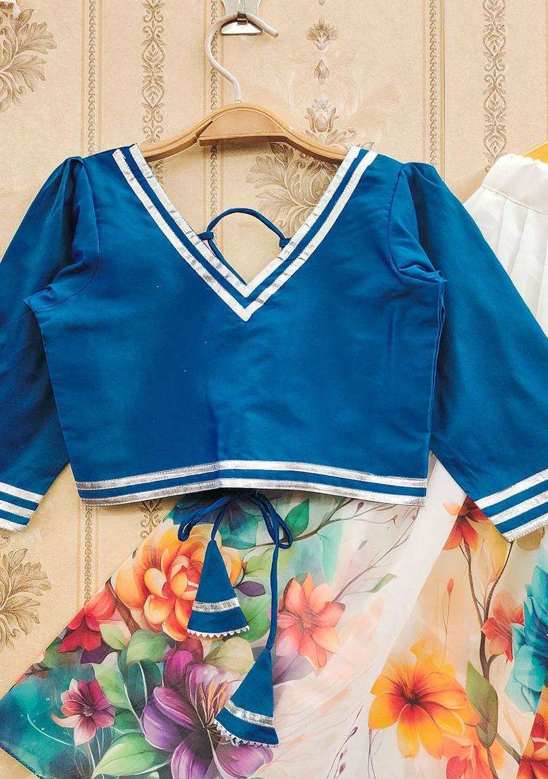 Blue Embellished Silk Lehenga Set For Girls - Indya