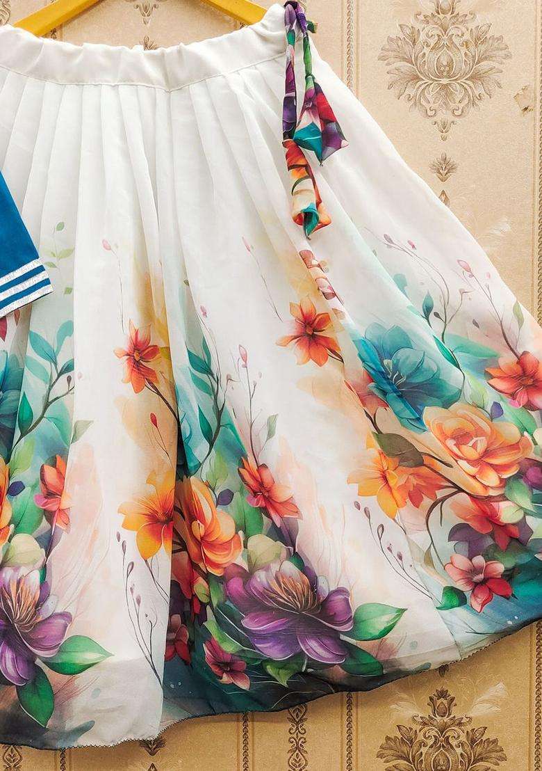 Blue Embellished Silk Lehenga Set For Girls - Indya