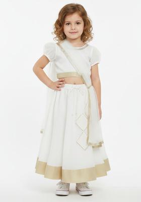 White Embroidered Silk Lehenga Set For Girls
