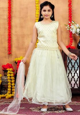 Beige Embroidered Net Lehenga Set For Girls