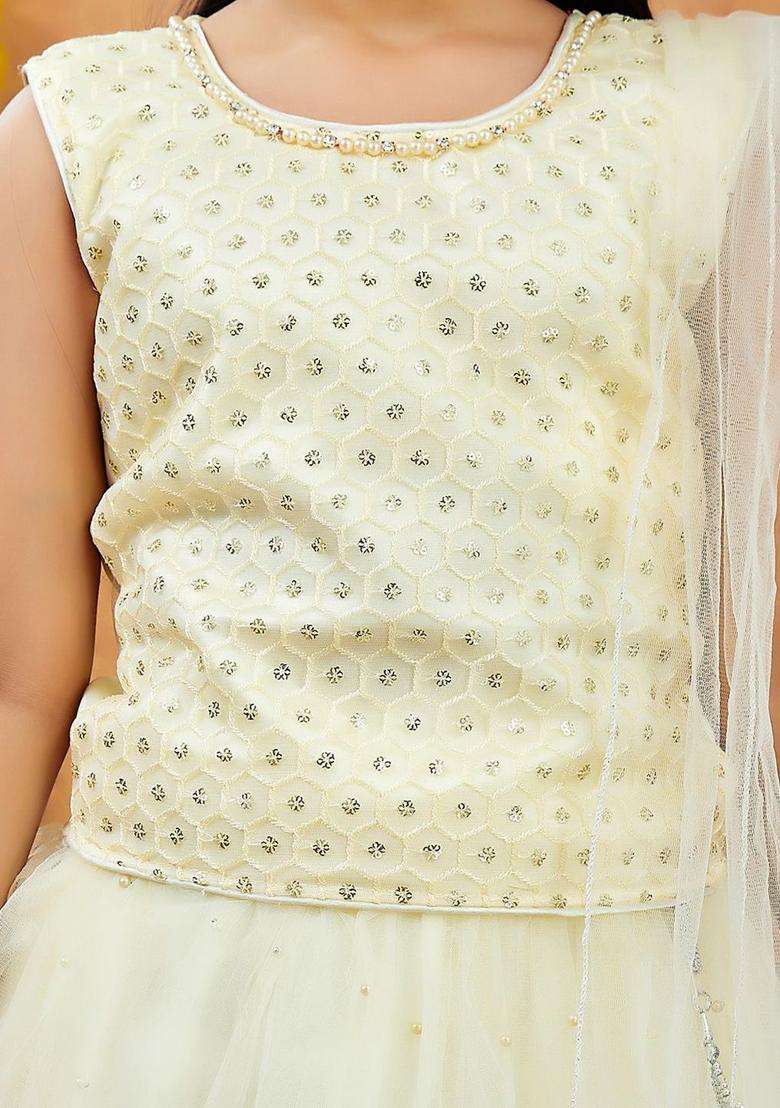 Beige Embroidered Net Lehenga Set For Girls - Indya
