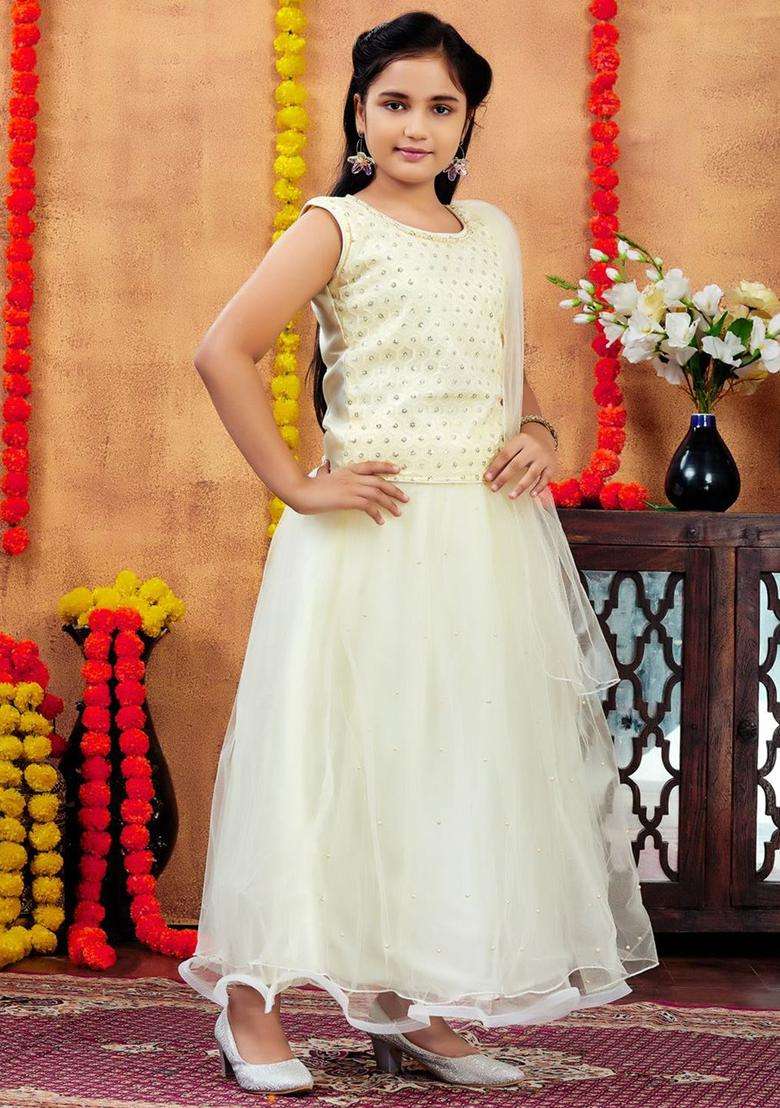 Beige Embroidered Net Lehenga Set For Girls - Indya