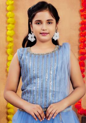 Blue Embroidered Net Lehenga Set For Girls