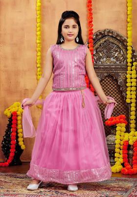 Pink Embellished Net Lehenga Set For Girls