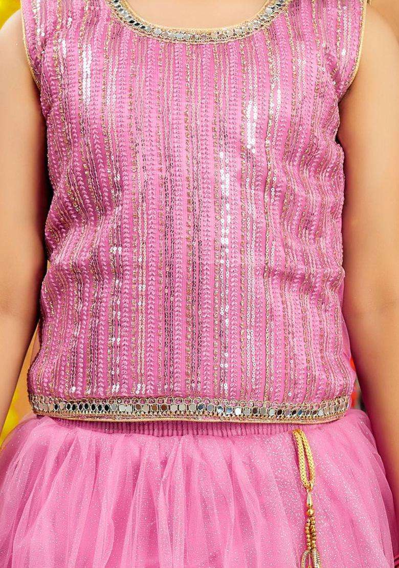 Pink Embellished Net Lehenga Set For Girls - Indya