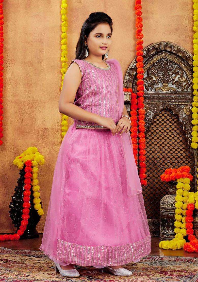 Pink Embellished Net Lehenga Set For Girls - Indya