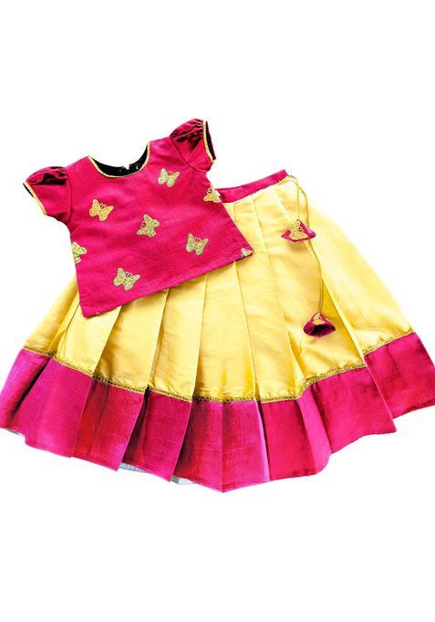 Pink Printed Silk Lehenga Set For Girls — view on Indya