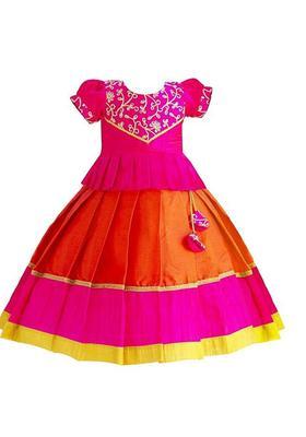 Pink Embroidered Silk Lehenga Set For Girls