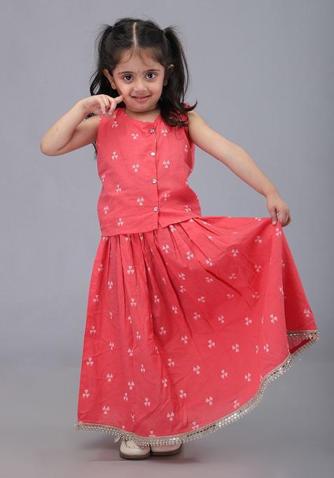 Pink Printed Cotton Lehenga Set For Girls — view on Indya
