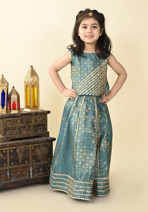 Green Woven Design Silk Lehenga Set For Girls — view on Indya