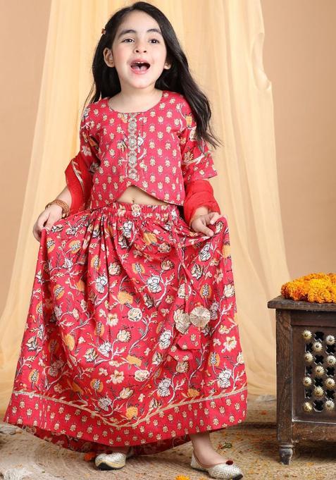 Red Printed Cotton Lehenga Set For Girls — view on Indya