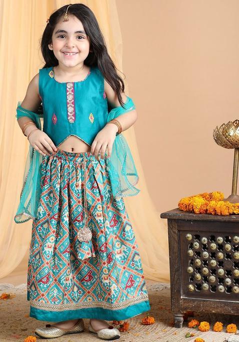 Green Embellished Cotton Lehenga Set For Girls — view on Indya