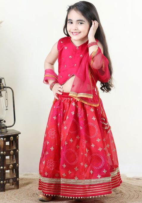 Pink Printed Cotton Lehenga Set For Girls — view on Indya