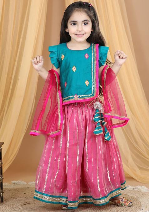Green Embroidered Cotton Lehenga Set For Girls — view on Indya
