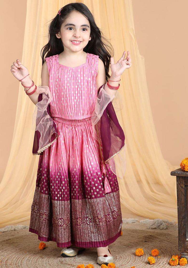 Pink Woven Design Cotton Lehenga Set For Girls - Indya