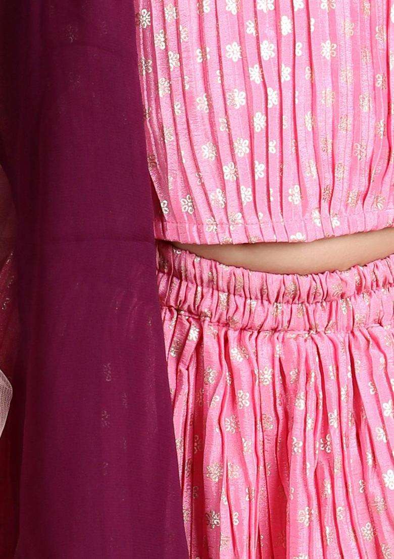 Pink Woven Design Cotton Lehenga Set For Girls - Indya