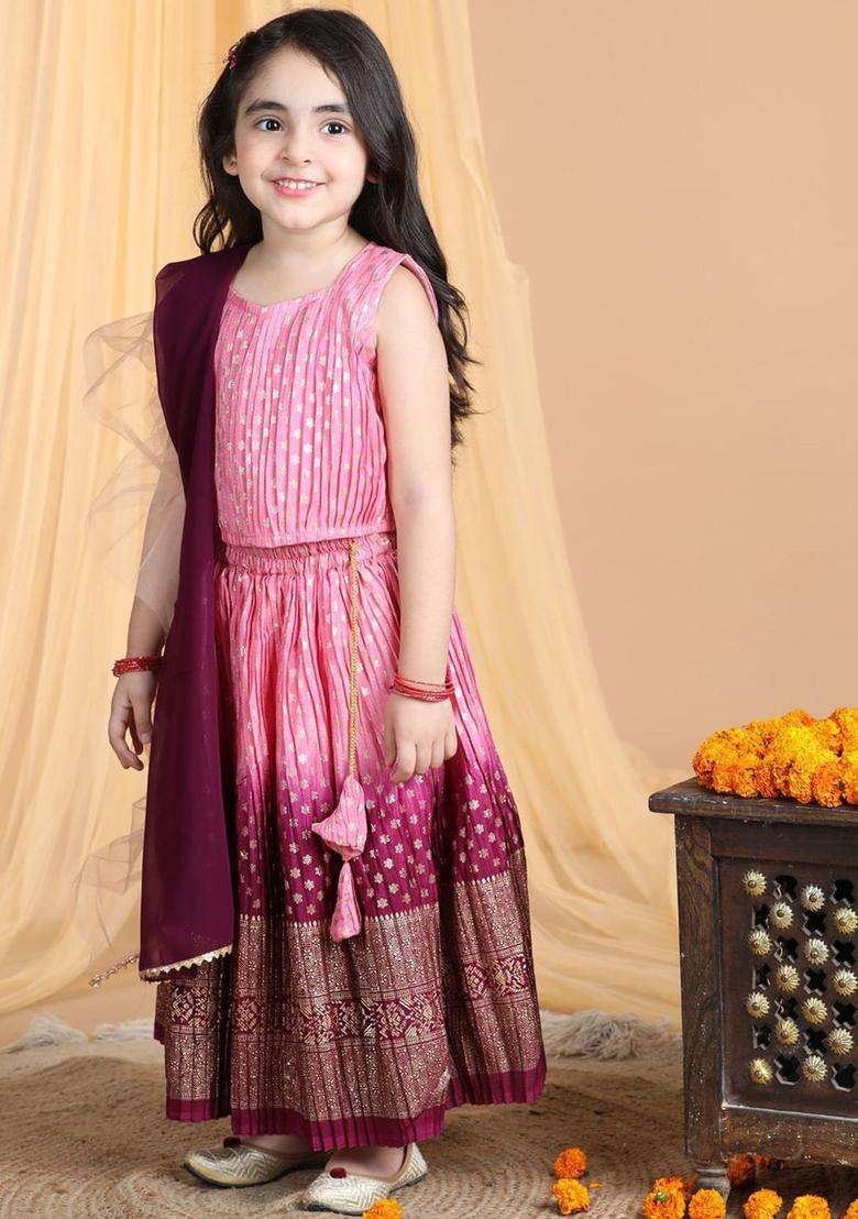 Pink Woven Design Cotton Lehenga Set For Girls - Indya