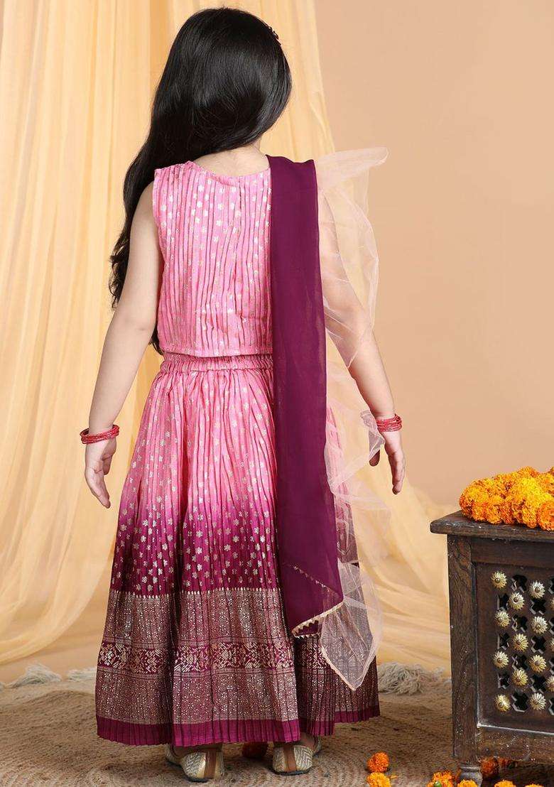 Pink Woven Design Cotton Lehenga Set For Girls - Indya