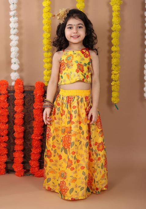 Yellow Printed Cotton Lehenga Set For Girls — view on Indya