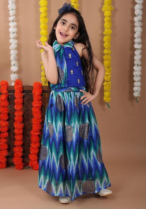 Blue Embroidered Cotton Lehenga Set For Girls — view on Indya