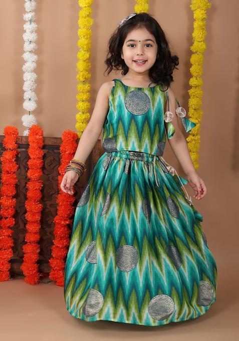 Green Woven Design Cotton Lehenga Set For Girls — view on Indya