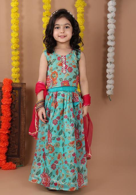Blue Embellished Cotton Lehenga Set For Girls — view on Indya