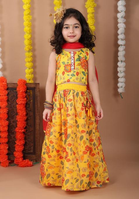 Yellow Embellished Cotton Lehenga Set For Girls — view on Indya