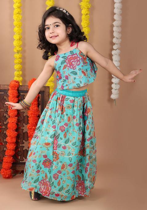 Blue Printed Cotton Lehenga Set For Girls — view on Indya