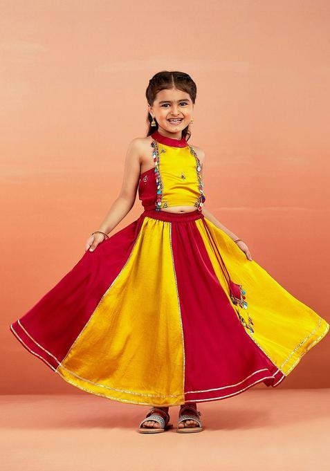Yellow Embroidered Silk Lehenga Set For Girls — view on Indya