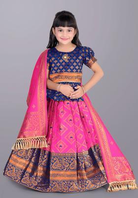 Purple Woven Design Silk Lehenga Set For Girls