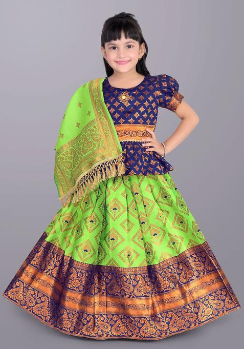 Green Woven Design Silk Lehenga Set For Girls — view on Indya