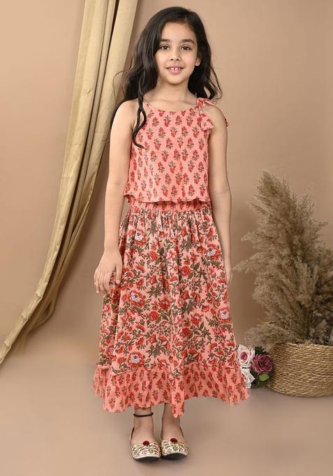 Peach Printed Cotton Lehenga Set For Girls — view on Indya