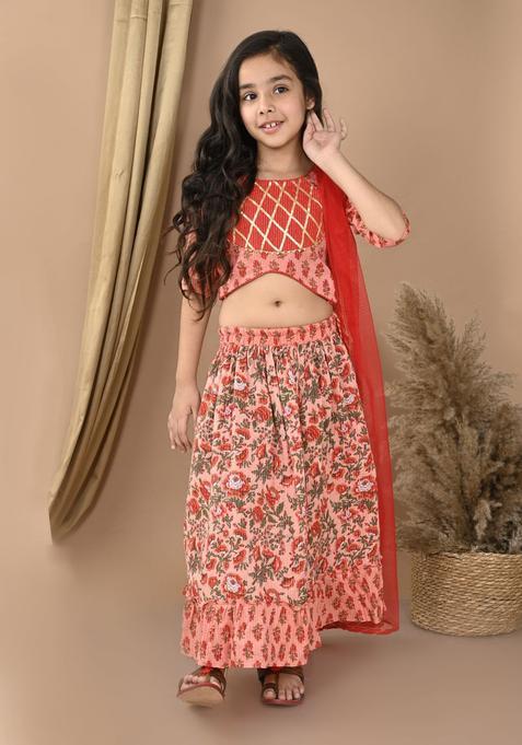 Peach Printed Cotton Lehenga Set For Girls — view on Indya