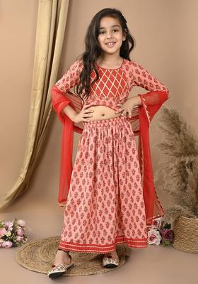 Peach Printed Cotton Lehenga Set For Girls