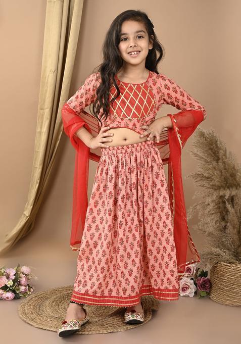 Peach Printed Cotton Lehenga Set For Girls — view on Indya