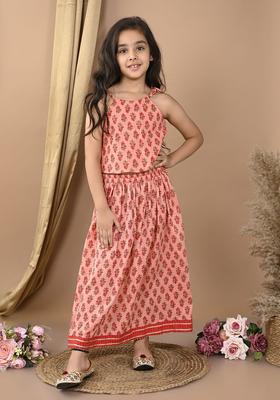 Peach Printed Cotton Lehenga Set For Girls
