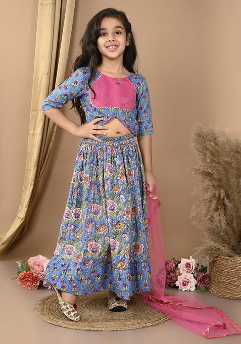 Blue Printed Cotton Lehenga Set For Girls — view on Indya